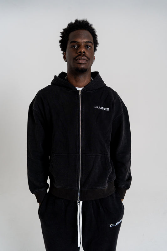 CLUB 22 WASHED ZIP HOODIE - VINTAGE BLACK